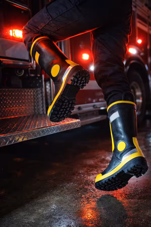 Bombero con botas estructurales en incendio