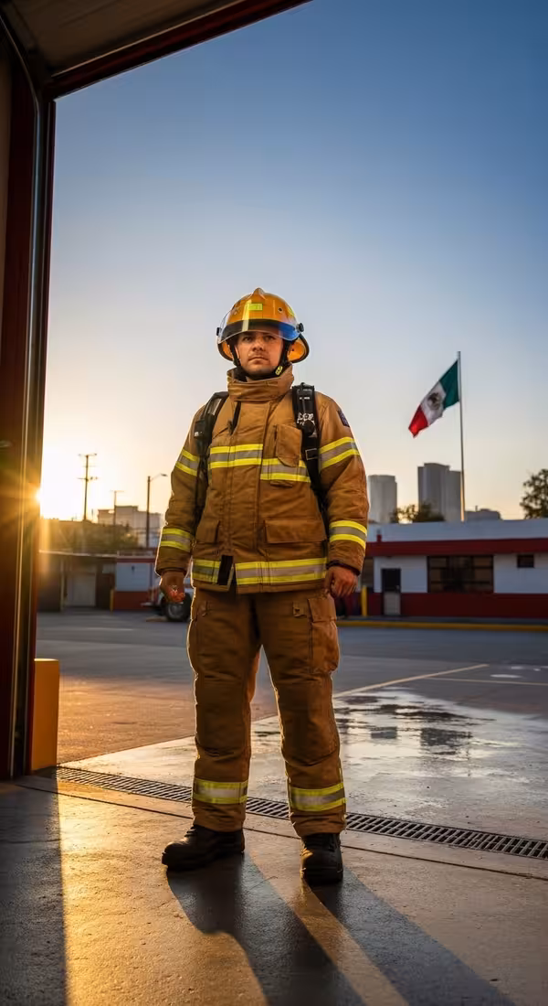 Bombero con casco material compuesto en incendio