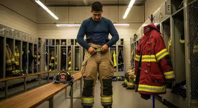 Bombero equipándose con EPP NFPA completo