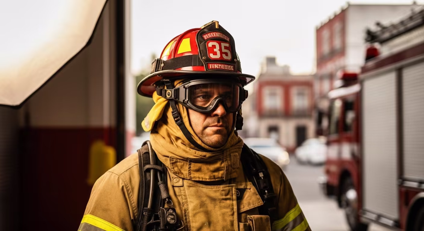 Bombero de Campeche junto a unidad de emergencia