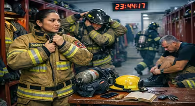 Bomberos en guardia nocturna con equipo SCBA NFPA 1970 completo
