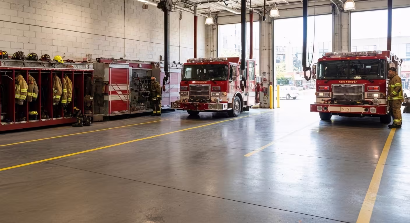 Bahía moderna con lockers de equipo en estación de bomberos de Quintana Roo
