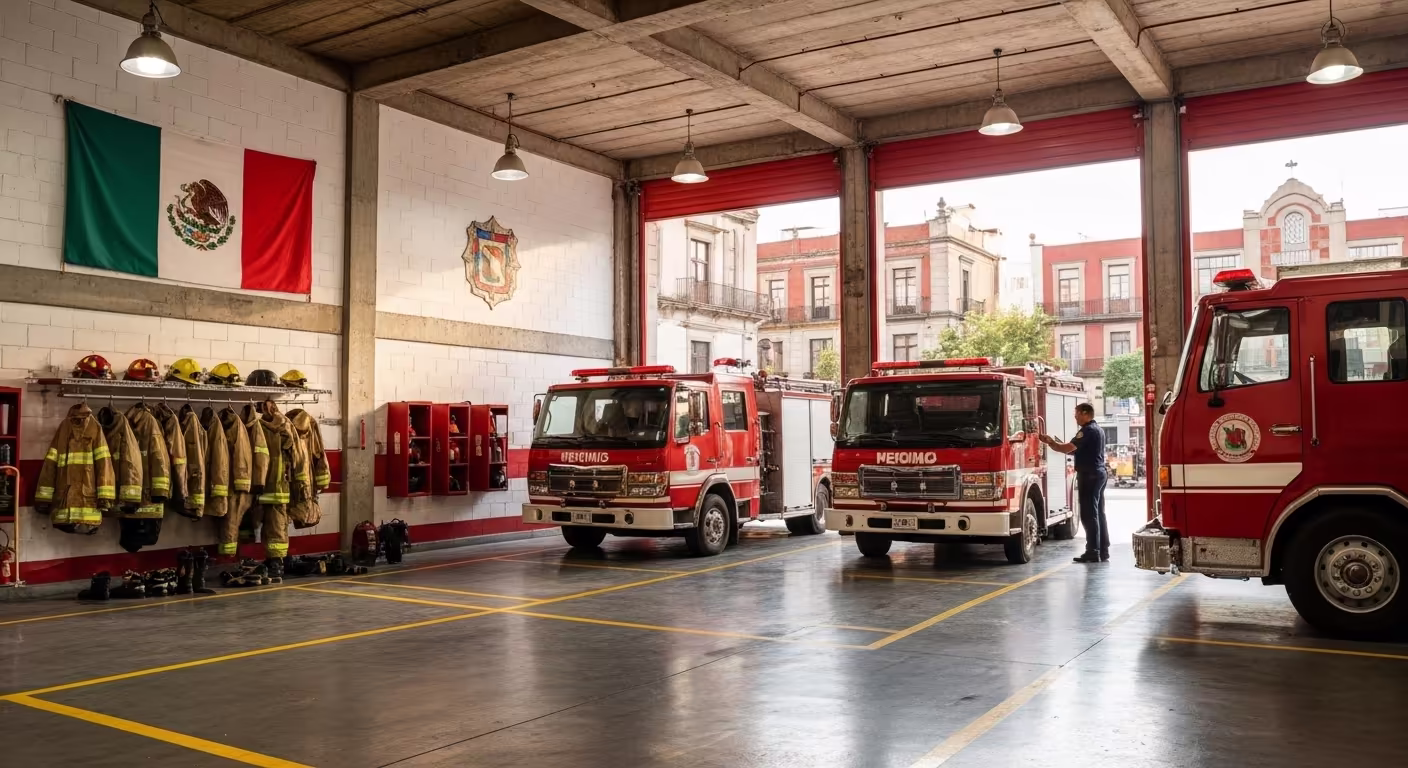 Estación de bomberos de Puebla con múltiples bahías operativas