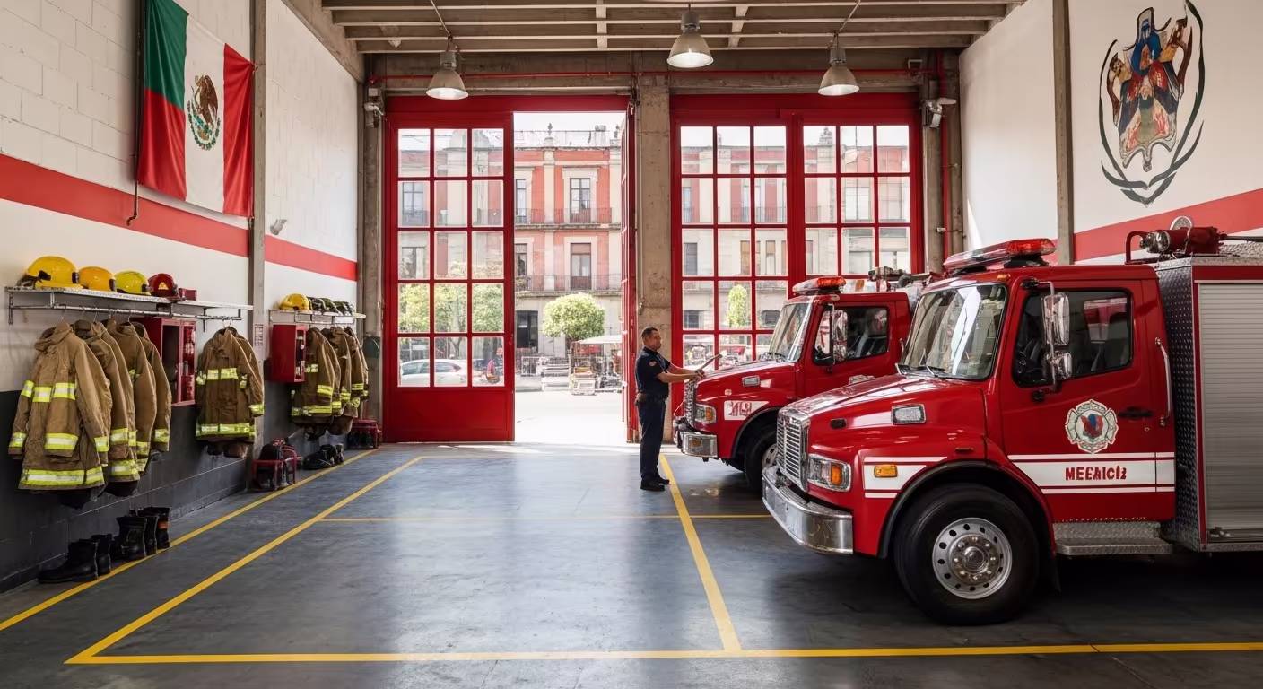 Estación de bomberos de San Luis Potosí con puertas de cristal y unidades visibles