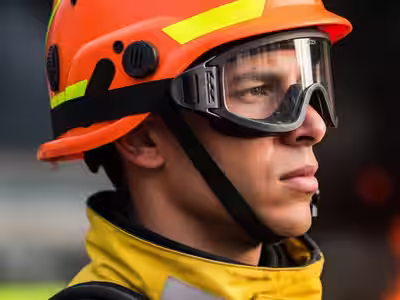 Goggle bombero con casco rescate en estacion de bomberos