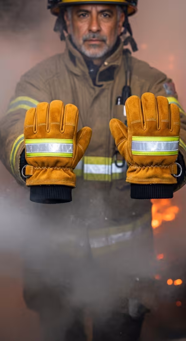 Bomberos con guantes NFPA 1970 en acción