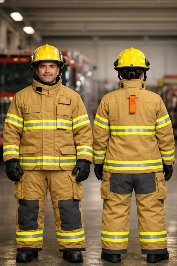 Bunker gear — vista frontal y trasera del traje estructural NFPA 1970